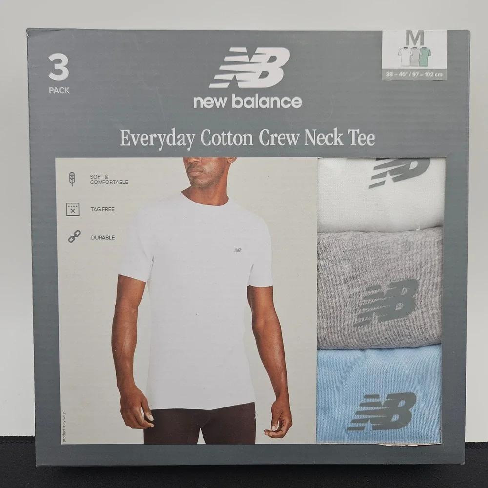 New Balance Mens Size Med Everyday Cotton Crew Neck Tee 3 Pack Grey White Chrome
